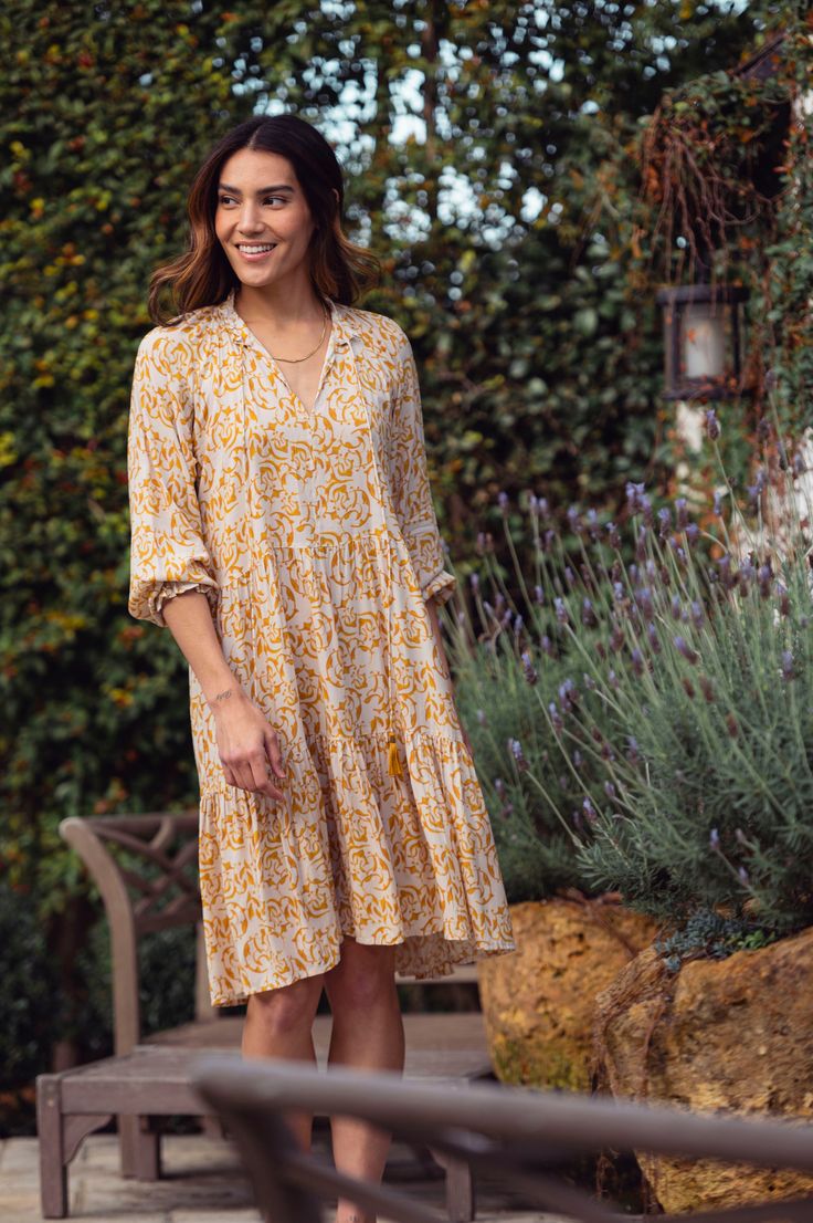 The Sienna midi is a great option for a day dress, super comfortable yet full of style. Easy to pair with a cool sandal, sneakers or low boots. Now you can match your little one in the matching Sienna dress in the yellow print ! we now offer S, M, L. The size small fit 0-4, size M fits 6-10, size L fits 12-14. Casual Cream Midi Dress For Spring, Casual Printed Beige Midi Dress, Casual Cream Midi Dress For Day Out, Casual Beige Printed Midi Dress, Mustard Floral Print Midi Dress For Spring, Casual Printed Midi Dress For Fall, Yellow Floral Print Midi Dress For Fall, Casual Cream Midi Dress With Floral Print, Casual Lemon Print Midi Dress For Spring