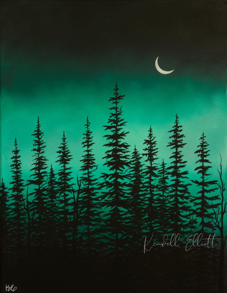 a painting of trees with the moon in the sky above them and dark green background