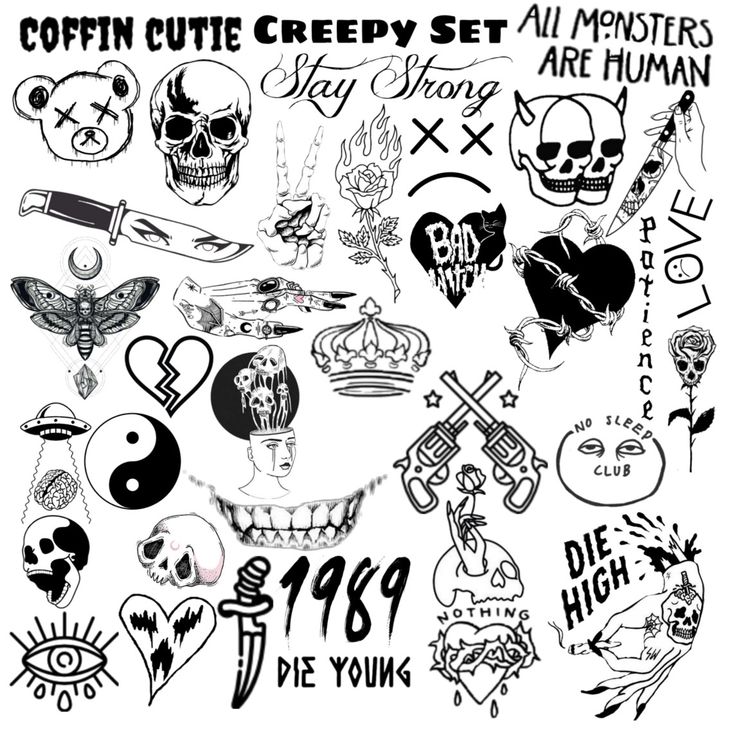 a bunch of different tattoos and stickers on a white background with the words coffin cut creepy set all monsters are human