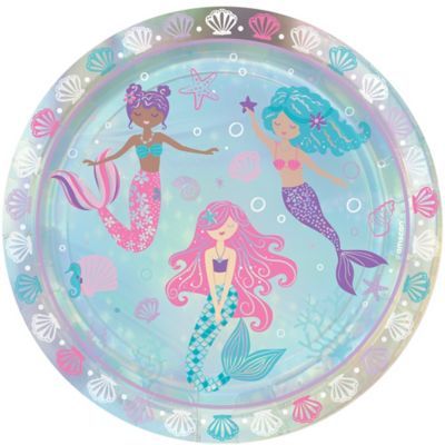 a paper plate with three mermaids in the ocean on it's sides and under water bubbles