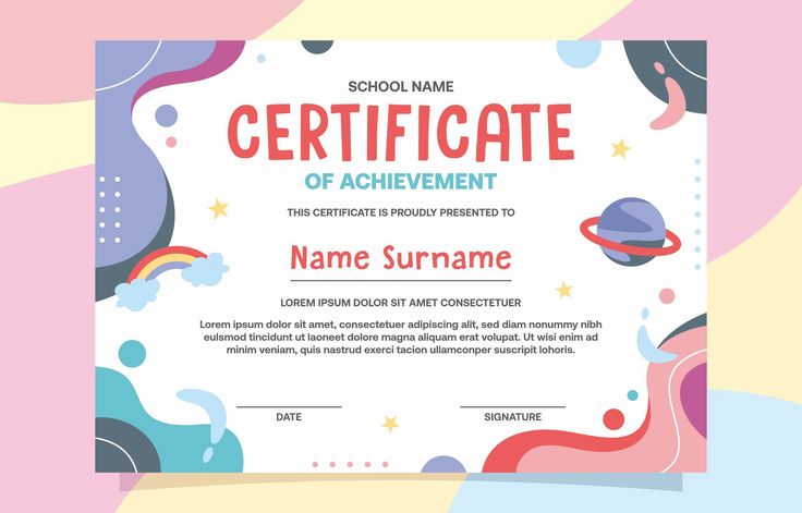 an award certificate with colorful shapes and circles on the front, as well as a rainbow background