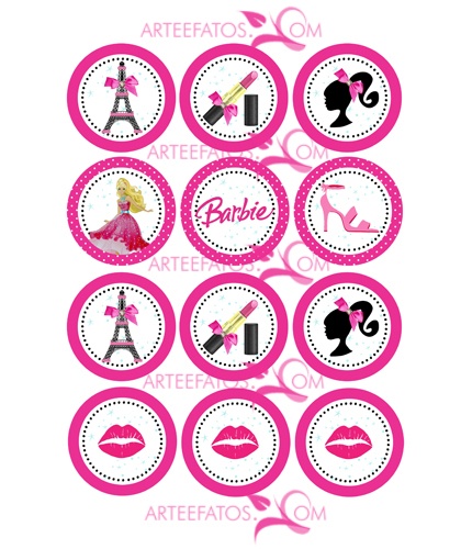 pink and white stickers with the words barbie on them, including lipstick, hairbrushes