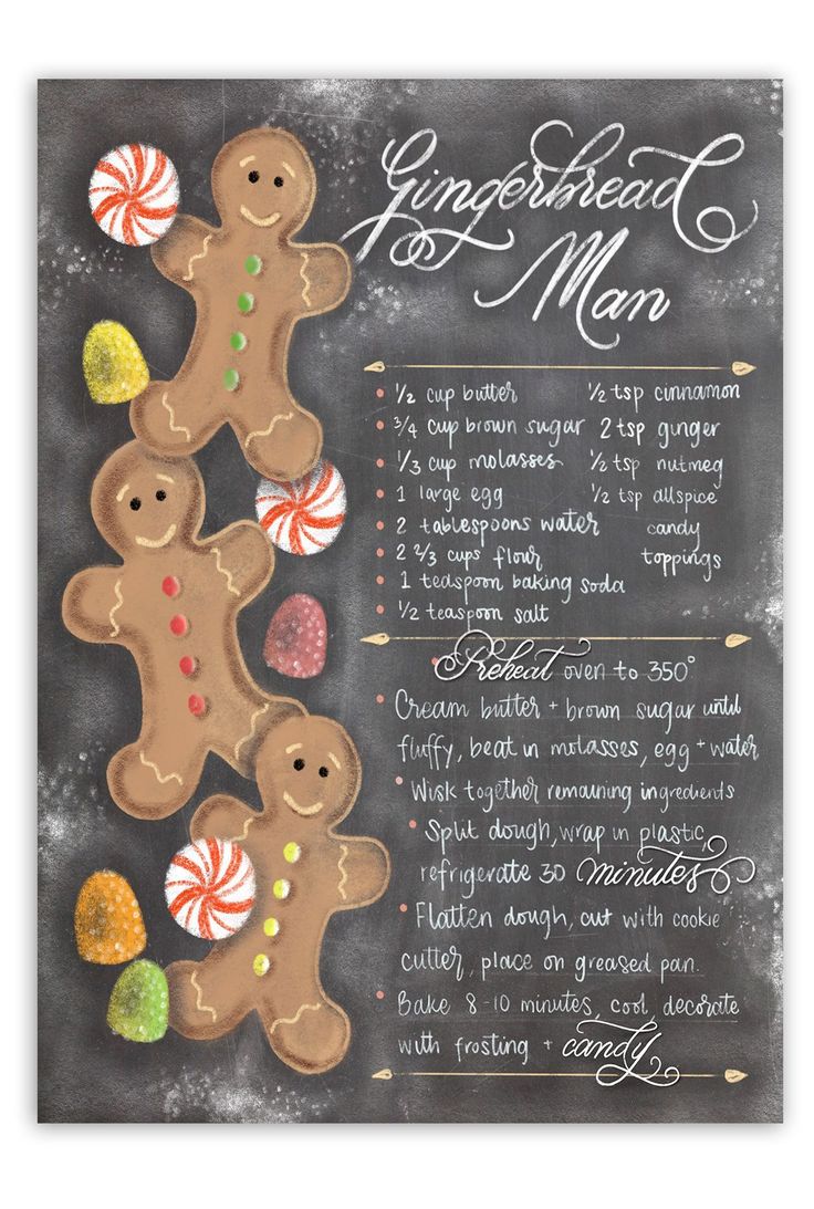 a recipe for gingerbread men on a chalkboard with candy canes and candies