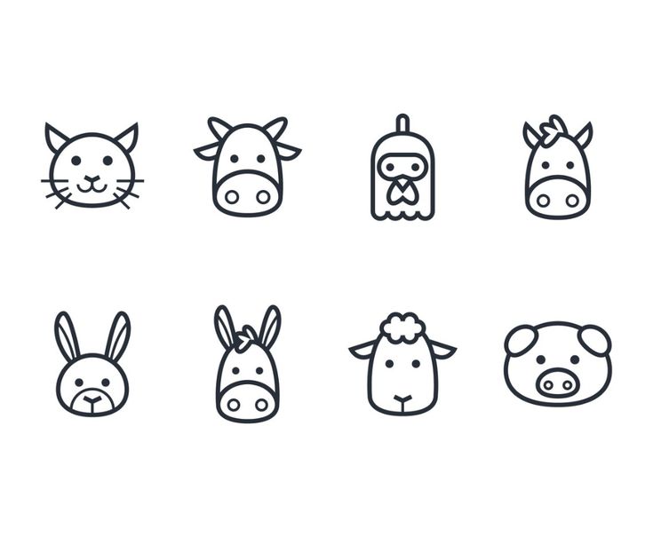 six farm animals line icons in black and white, each with different facial expressions on their faces