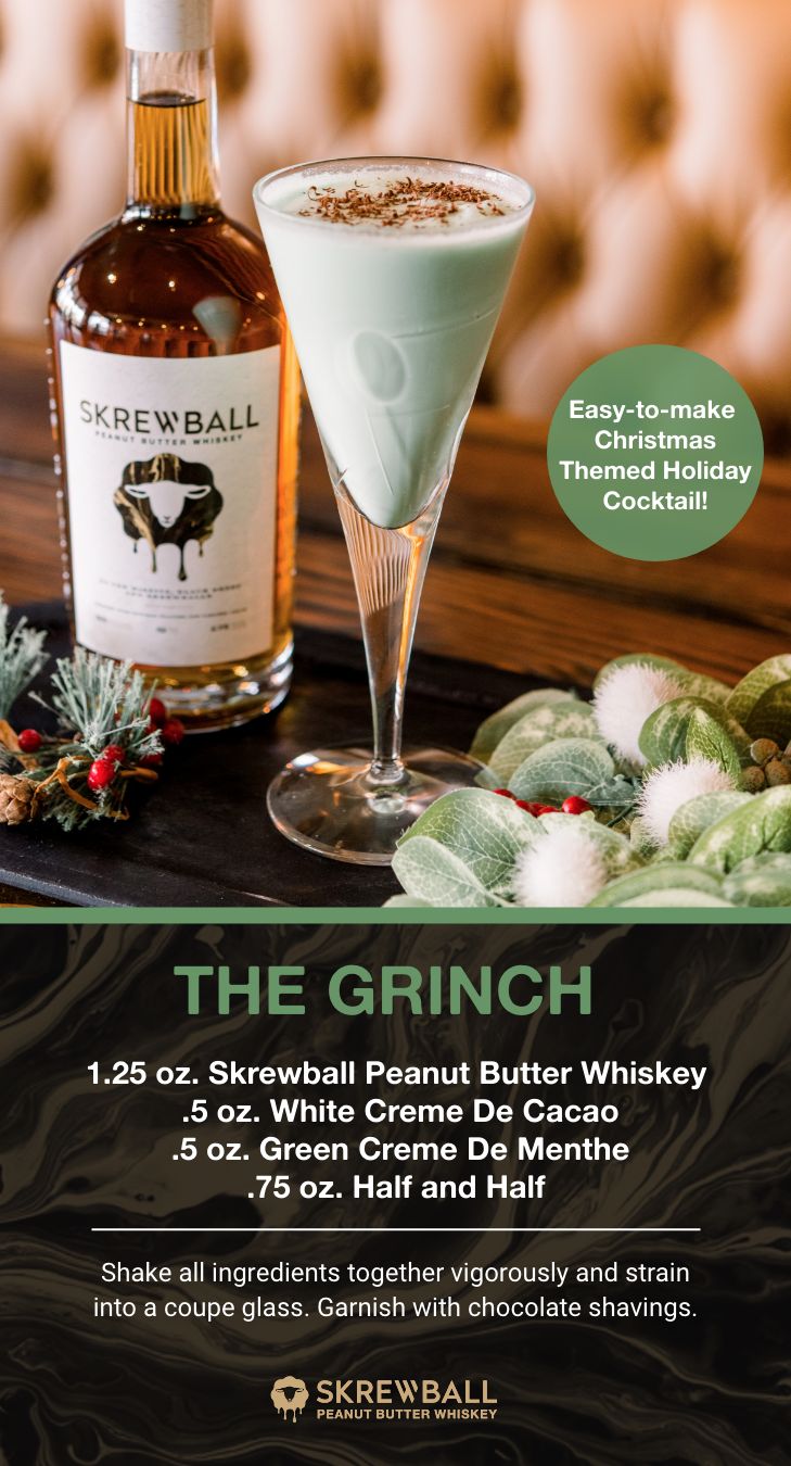 a poster for the grinch cocktail with a bottle of booze next to it