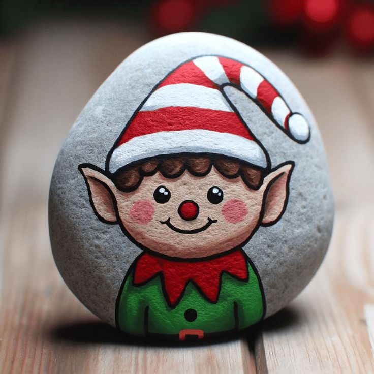 a painted rock with an elf on it