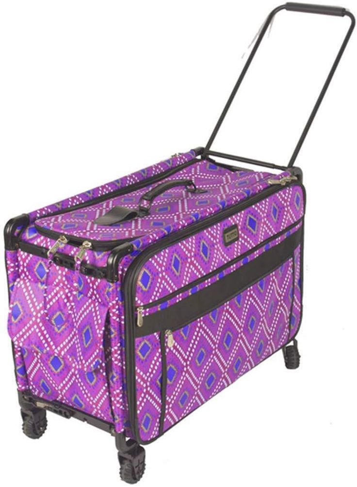 a purple and black suitcase with wheels