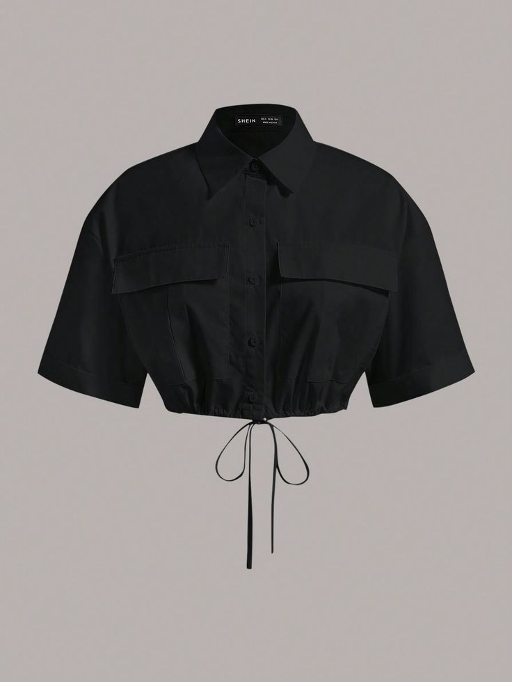 Flap Pocket Drawstring Hem Crop Shirt Black Casual  Half Sleeve Woven Fabric Plain Shirt Non-Stretch  Women Clothing, size features are:Bust: ,Length: ,Sleeve Length: Collar Details, Plain Shirt, Girl Fits, Fashion Videos, Plain Shirts, Midi Dress Bodycon, Crop Shirt, Shirt Sale, Blouse Styles