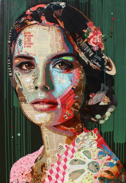 a woman's face is made up of many different types of paper and collages