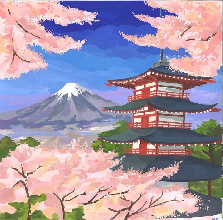 a painting of a pagoda surrounded by cherry blossom trees with a mountain in the background