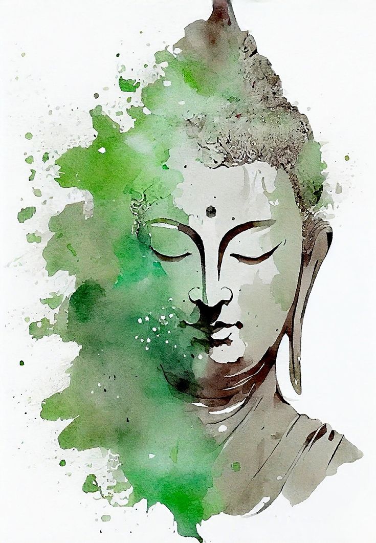 a watercolor painting of a buddha head with green paint splatters on it