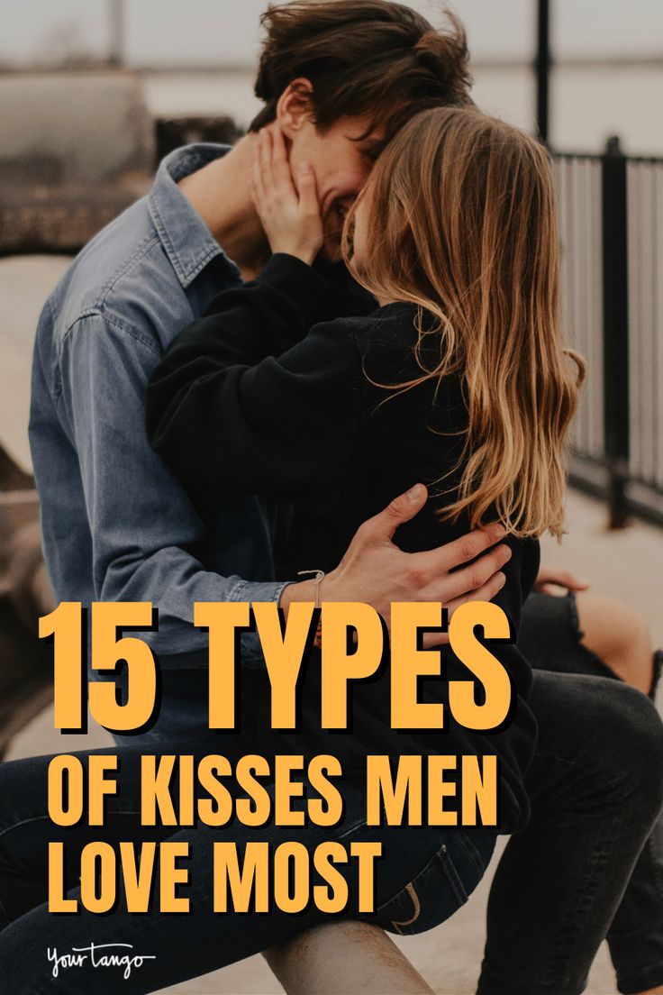 two people kissing each other with the words 15 types of kisses men love most in front of them