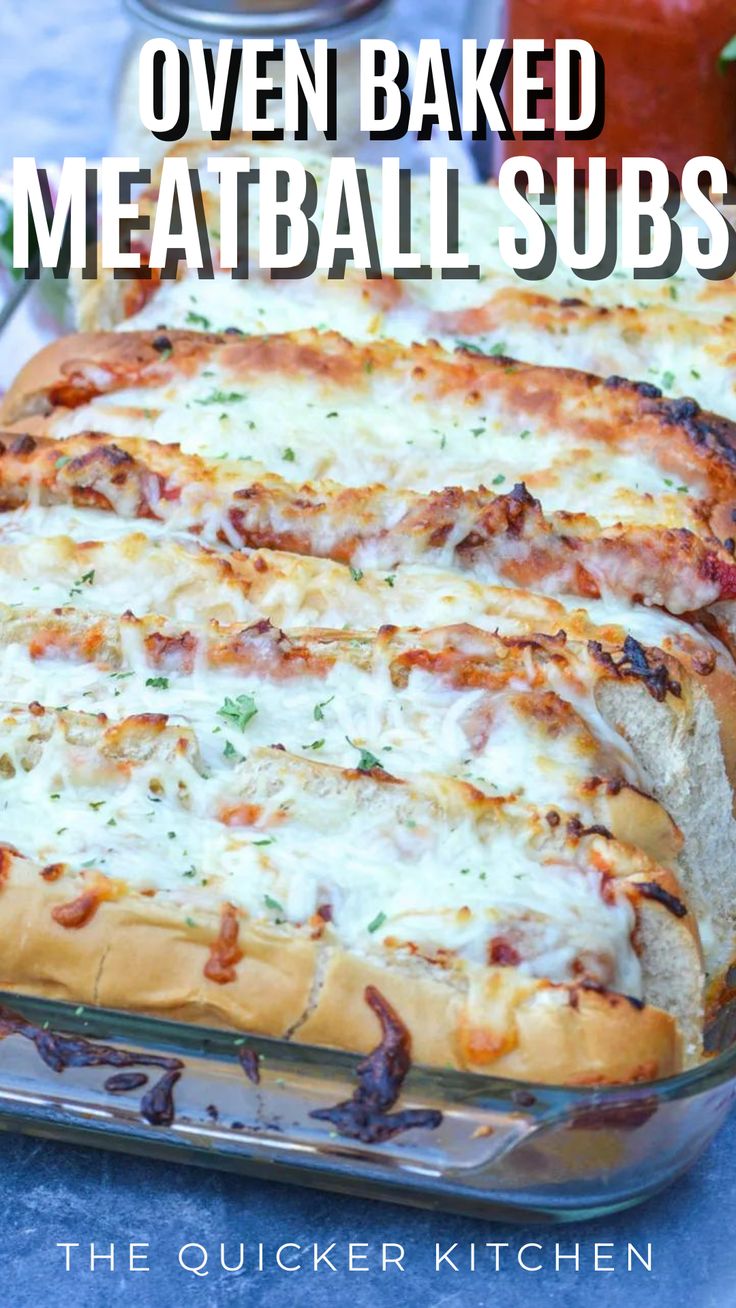 oven baked meatball subs in a casserole dish with text overlay