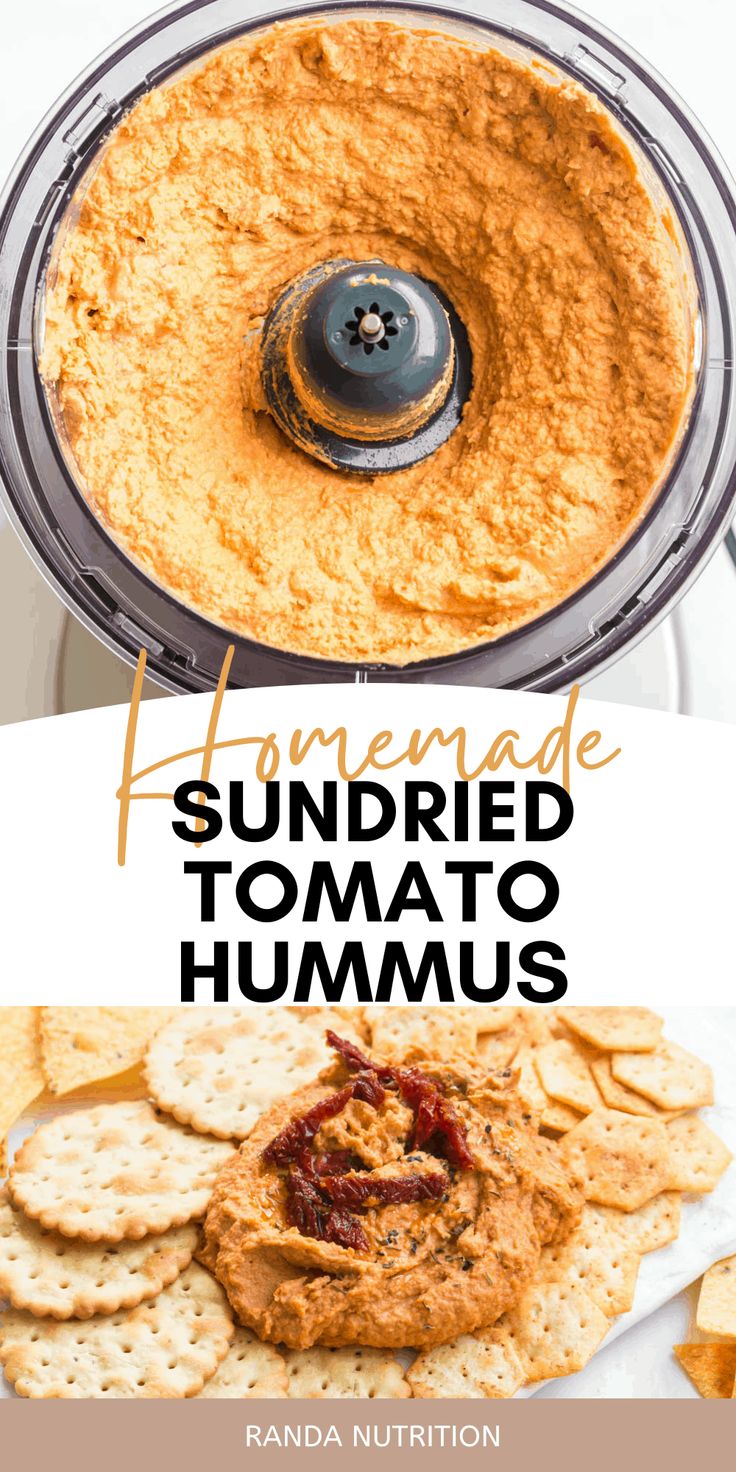 homemade hummus made with sun dried tomatoes in a food processor and topped with pita chips