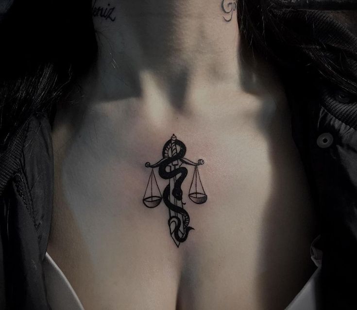 Goddess Neck Tattoo, Libra Scorpio Tattoo, Libra Tats Design, Zodiac Tattoos Libra Ideas, Libra Chest Tattoo, Libra Tattoo Aesthetic, Libra Related Tattoos, Tattoos Libra Zodiac, Libra Tattoo Designs