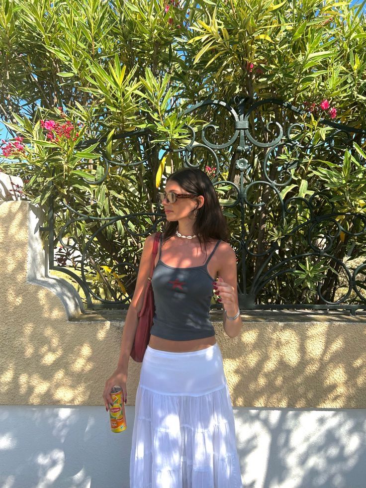 Maxi Skirt And Tank Top Outfit, Long Skirt Tank Top Outfits, White Skirt And Tank Top Outfit, Tank Top And Skirt Outfit Aesthetic, Skirt Outfits Vacation, Long Skirt Tank Top Summer Outfits, Maxi Skirt With Tank Top, Cute Outfit With Long Skirt, Maxi Skirt Tank Top Outfit