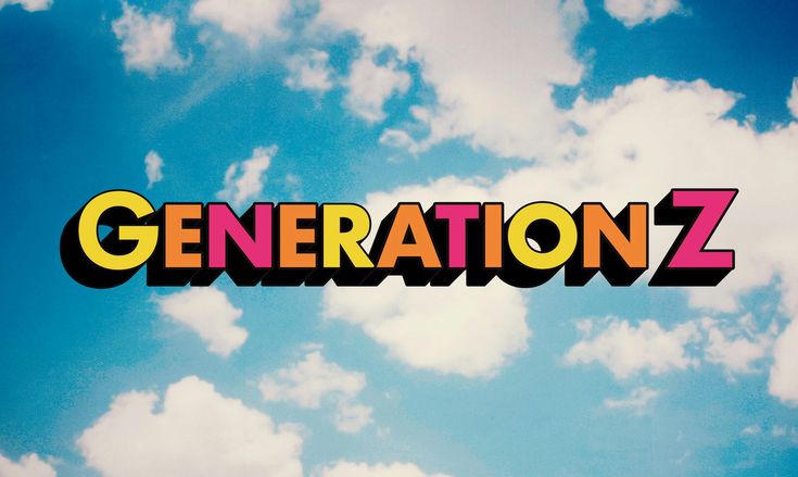 the word generation z is written in multicolored letters against a blue sky with white clouds