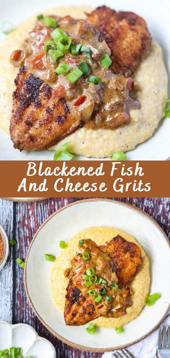 grilled fish and cheese grits on a white plate with green onion garnish