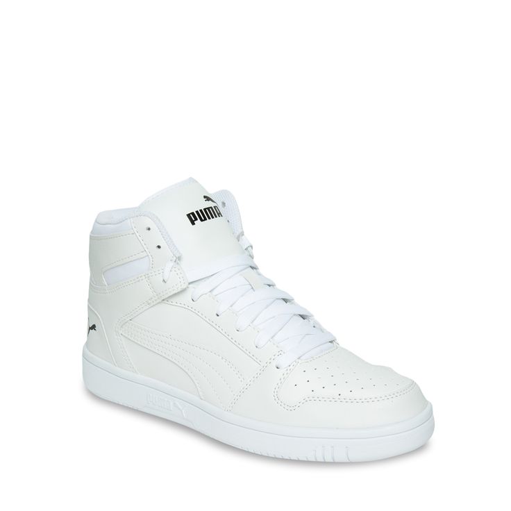 Own your look with these men's Puma Rebound LayUp 03 Puma white/Puma white mid-top sneakers. These fashion sneakers features a round toe with perforated detail, a lace-up closure, padded tongue with logo print, Formstrip overlay at the sides, cushioned collar, and a rubber outsole. | Puma Men's Rebound LayUp Sneaker in White Size 10. 5 Medium White High-top Sneakers With Perforations, High-top Sneakers With Perforations For Jogging, High-top Perforated Sneakers For Jogging, White High-top Sneakers With Elastic Laces For Streetwear, Mid-top Basketball Shoes With Perforations And White Sole, Mid-top White Basketball Shoes With Perforations, White Mid-top Basketball Shoes With Perforations, White Sole Mid-top Basketball Shoes With Perforations, Casual Puma High-top Sneakers For Streetwear