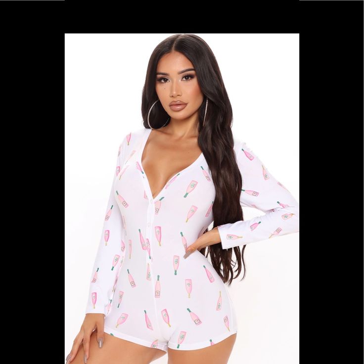 Fashion Nova Champagne Showers Onesie! Nwt/Never Worn! Pj Romper, Sleepwear Fashion, Janet Guzman, Loose Jumpsuit, Pink Jumpsuit, Pink Rompers, Casual Rompers, White Dresses For Women, Printed Jumpsuit