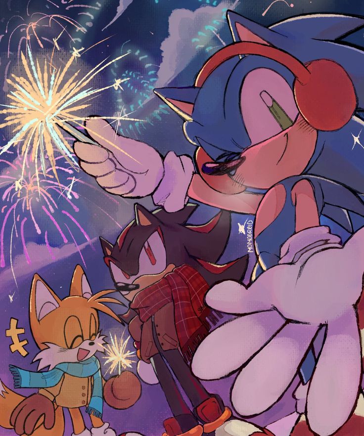 an image of sonic and tails with fireworks in the background