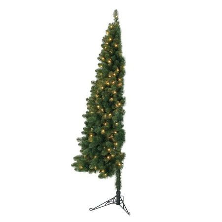 a tall christmas tree with lights on it's top and bottom branches in the shape of a cone