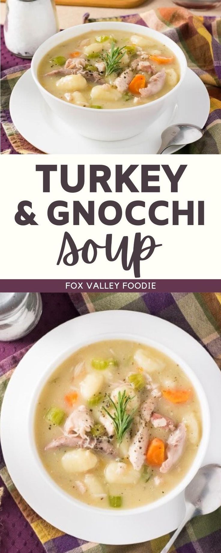 two bowls of turkey and gnocchi soup on a table