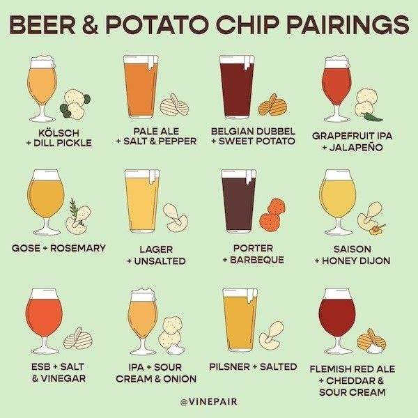 beer and potato chips pairings chart with different types of drinks in glasses on green background