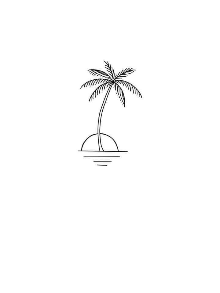 a black and white drawing of a palm tree on an island in the middle of the ocean