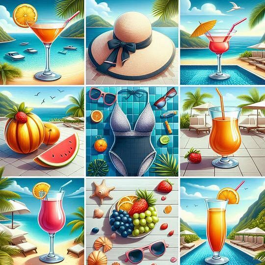 a collage of different pictures with drinks and fruits on the beach, including watermelon