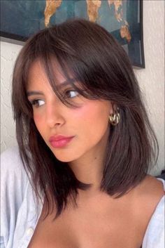 Sholdure Length Hair With Curtain Bangs, Short Curtain Bangs Asian, Layers On Short Hair Straight, Short Hair Subtle Layers, Short Bob Hairstyles Layered, Dark Brown Bob With Curtain Bangs, Haircut Ideas Shoulder Length With Bangs, Short Brunette Hairstyle Women, Straight Above Shoulder Hair