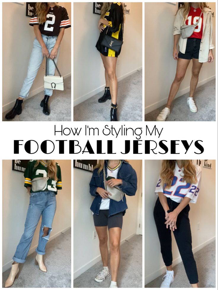 Different outfits styled with football jerseys Celebrity Superbowl Outfit, Gameday Jersey Outfit Football, Nfl Fashion Womens, Chiefs Jersey Outfit Women, Football Women Outfits, Football Game Date Outfit, Nfl Football Game Outfit Woman, Sporty Party Outfit, Style A Jersey Women