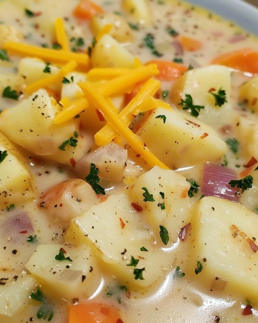 a white bowl filled with potatoes, carrots and parmesan cheese