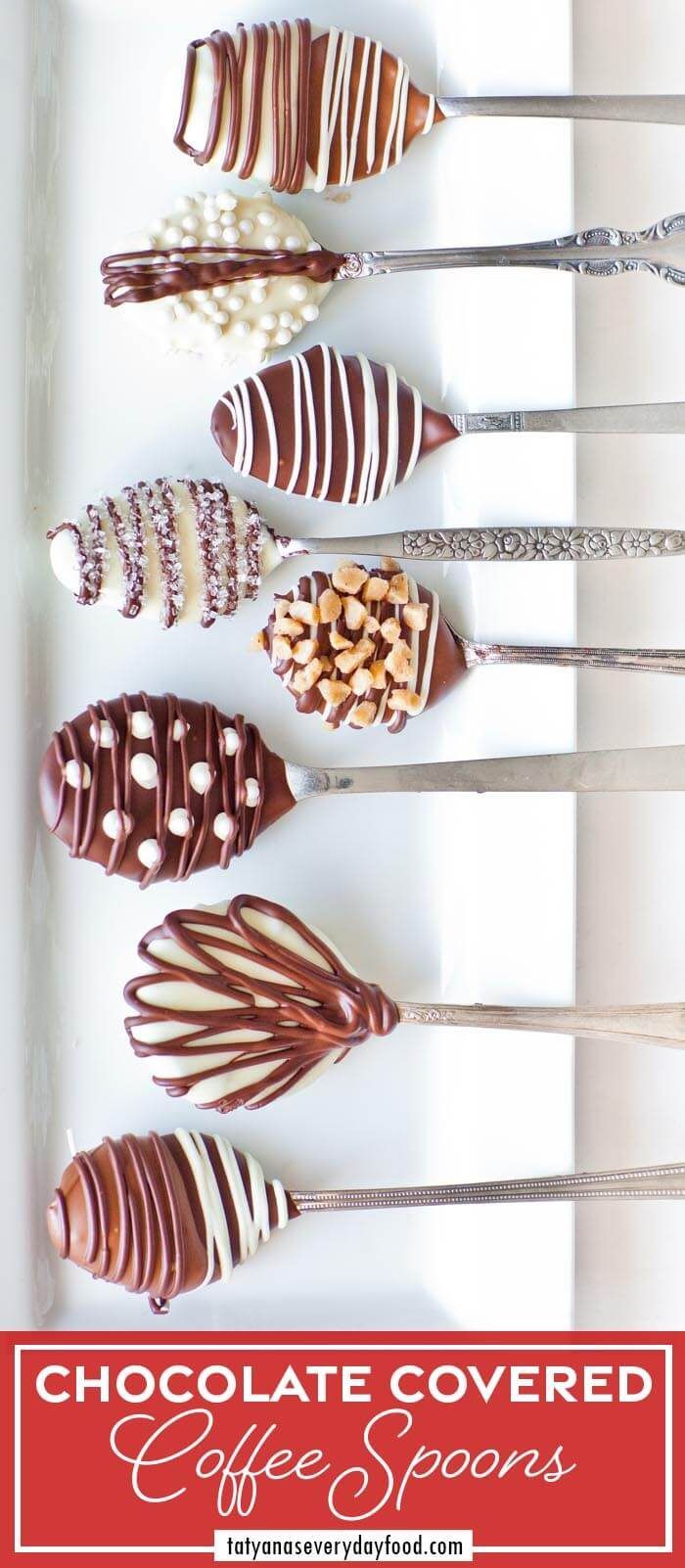 chocolate covered cake spoons lined up in a row