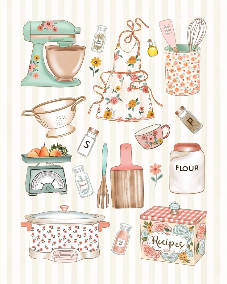 a bunch of kitchen items that are on a striped background with the words flour written below them