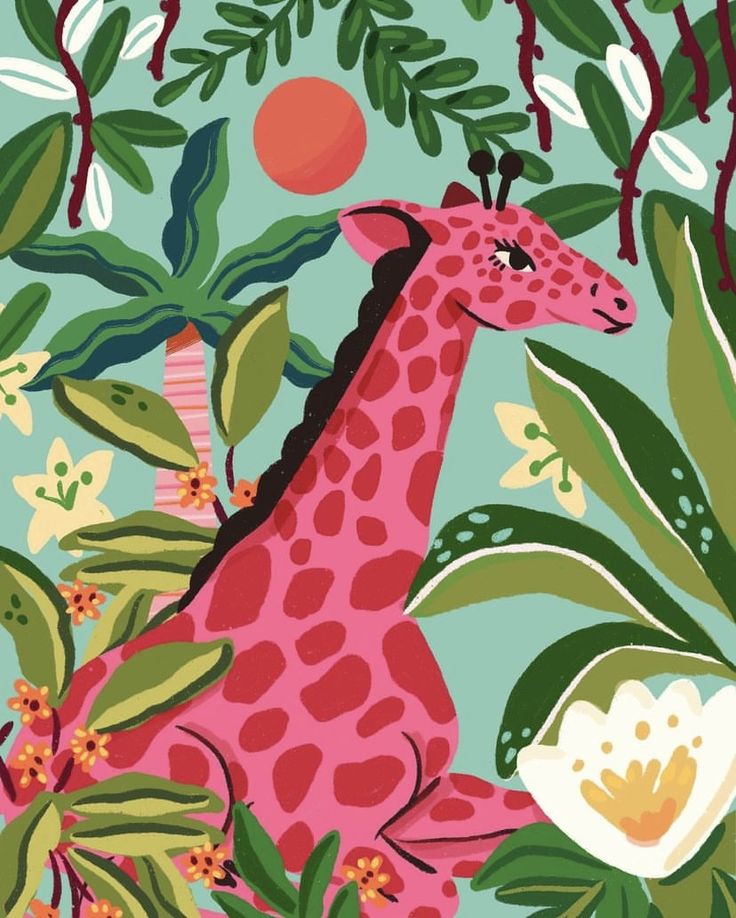 a pink giraffe surrounded by green leaves and flowers