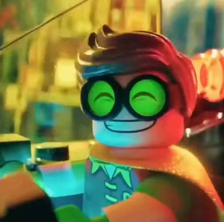 the lego movie character has green eyes