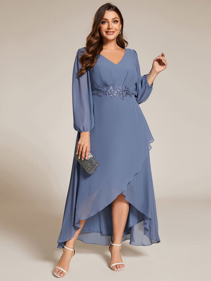 Plus Size V-Neck Long Sleeves Chiffon Formal Evening Dress with Applique #color_Dusty Navy Plus Size Fancy, Plus Size Fancy Dresses, Infinity Gown, Dress With Applique, High Low Evening Dresses, A Line Evening Dress, Plus Size Gowns, Formal Evening Dress, Chiffon Evening Dresses