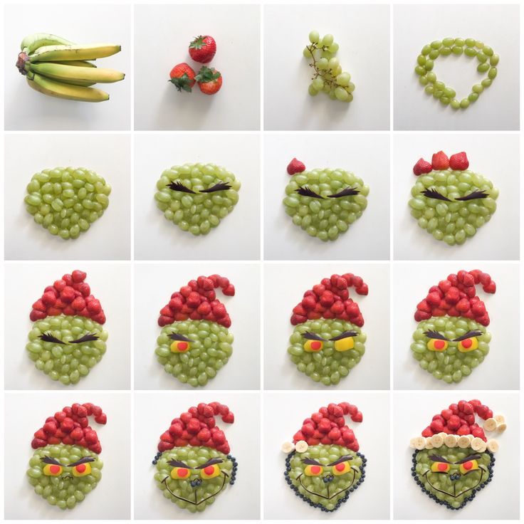 several pictures of different fruits and vegetables made to look like faces