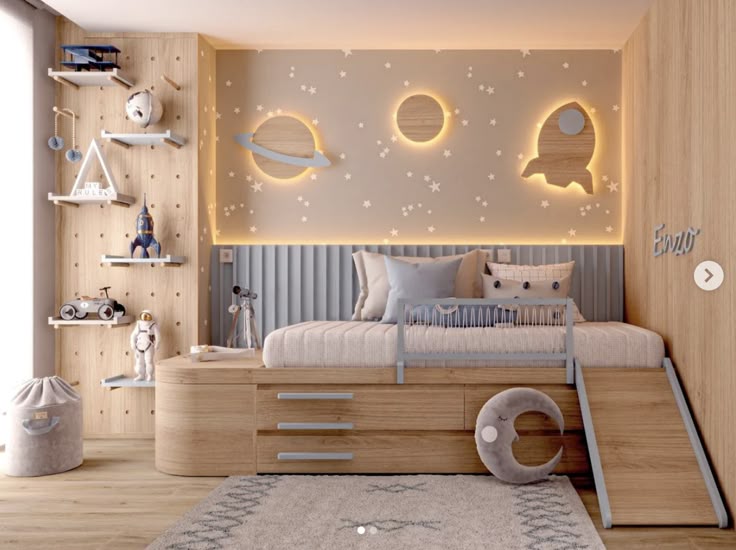 a child's bedroom decorated in white and wood with space themed decor on the walls