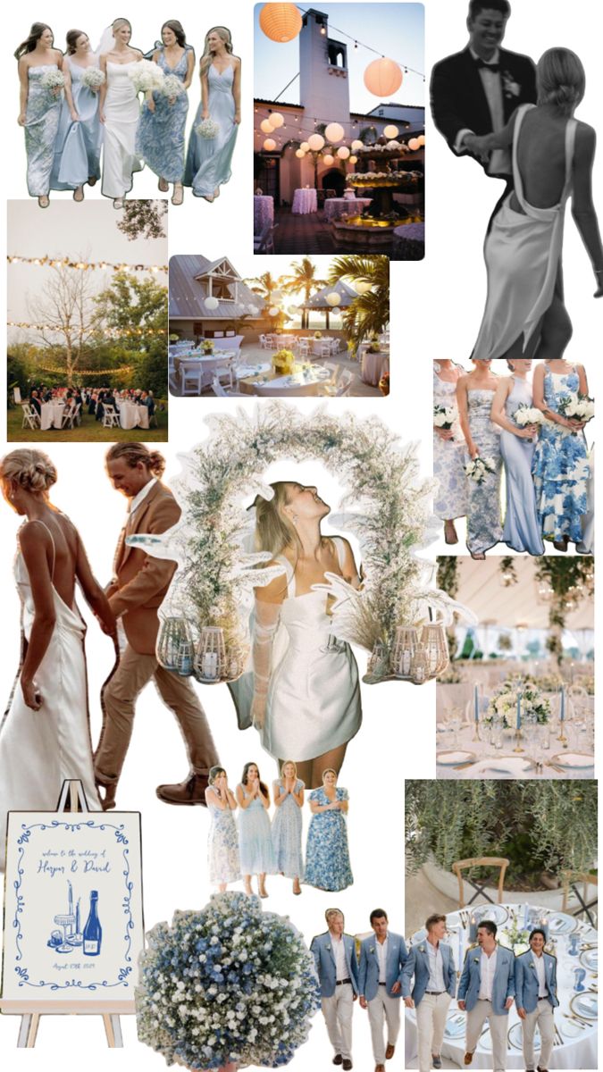 a collage of people dressed in blue and white