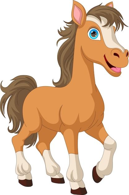 a cartoon horse with blue eyes and brown manes, standing in front of a white background