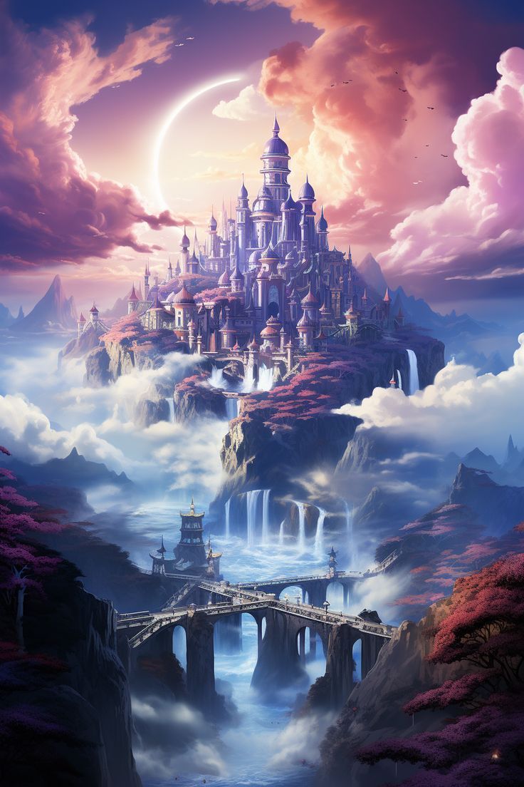 a castle in the sky with waterfalls and clouds surrounding it, surrounded by mountains