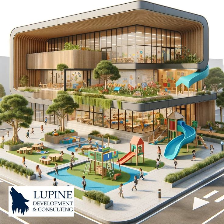 an artist's rendering of a children's play area in front of a building