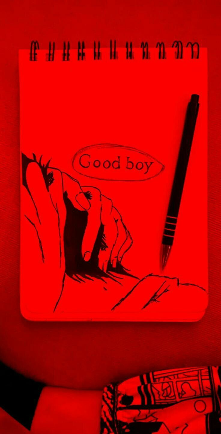 a red notebook with the words good boy written on it and a pen resting on top