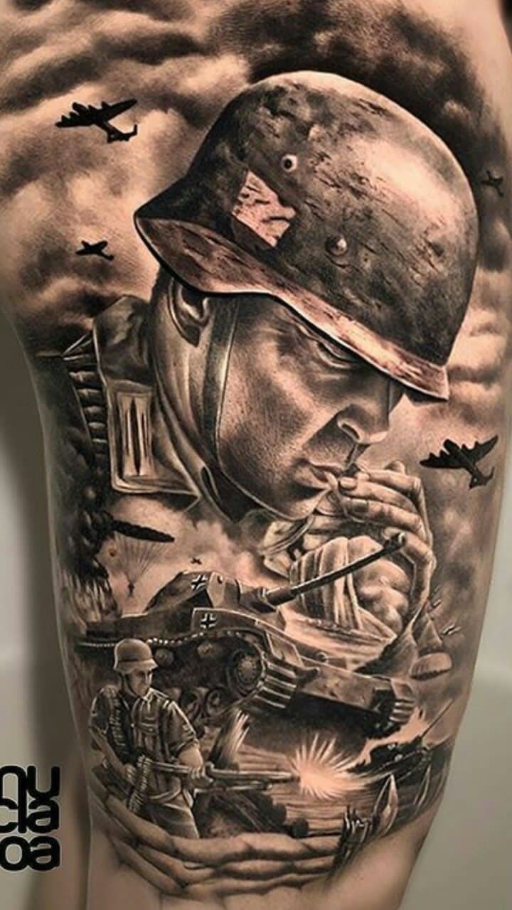 a man's back with an army tattoo on his arm and the image of a soldier