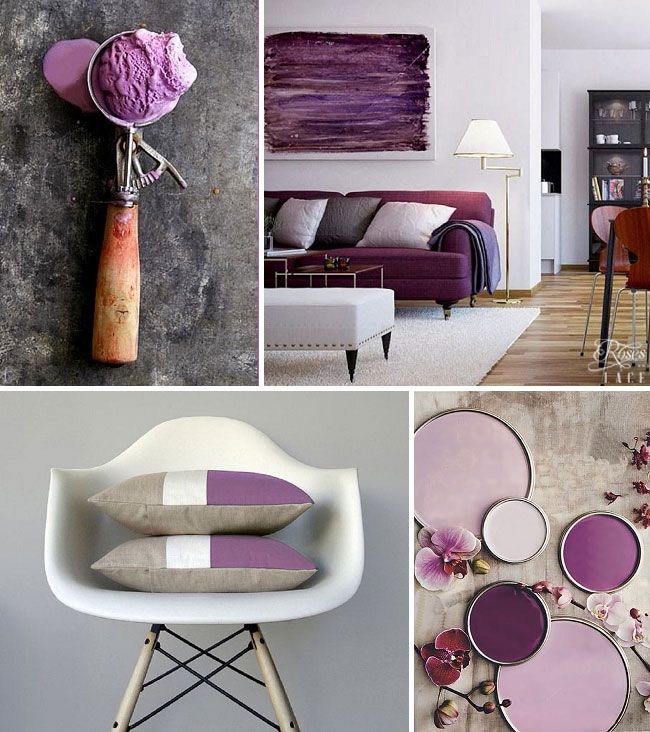 purple and white decor is featured in this collage