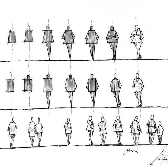 a line drawing of people walking down the street