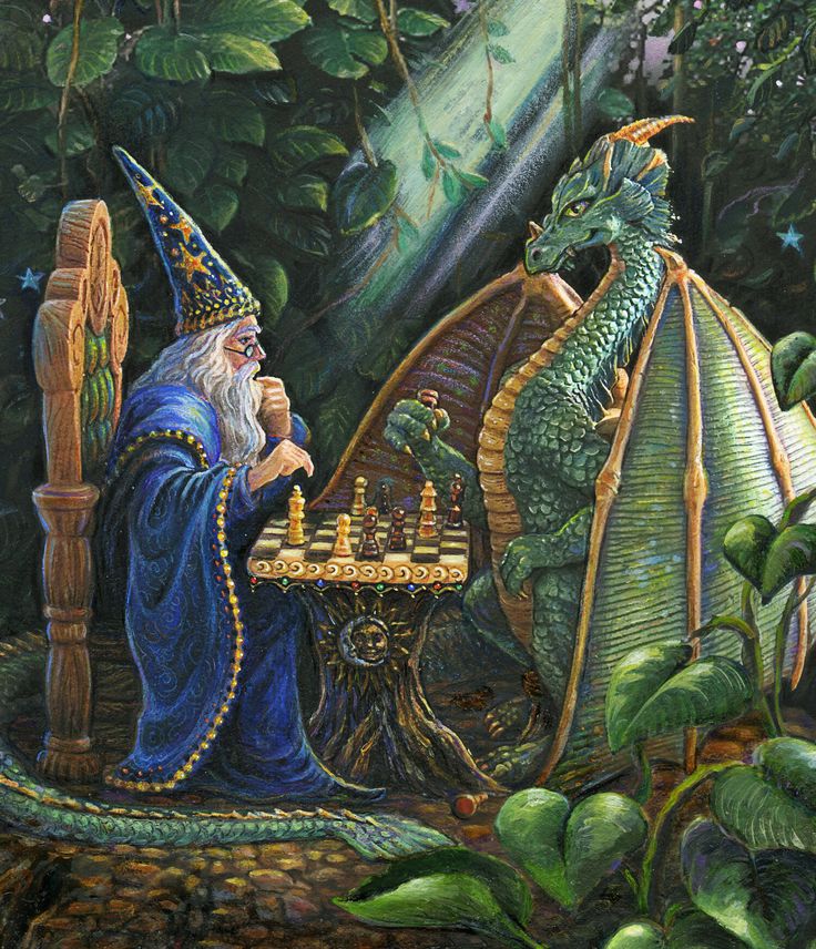 a painting of a wizard playing chess with a dragon in the forest next to him