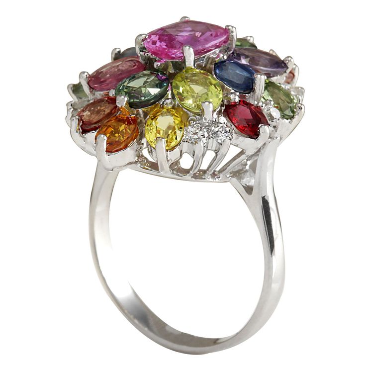 Stamped: 14K White Gold Total Ring Weight: 6.5 Grams Ring Length: N/A Ring Width: N/A Gemstone Weight: Total Natural Center Sapphire Weight is 1.30 Carat (Measures: 8.00x5.90 mm) Color: Pink Gemstone Weight: Total Natural Side Sapphire Weight is 6.03 Carat Quantity: 18 Color: Multicolor Diamond Weight: Total Natural Diamond Weight is 0.30 Carat Quantity: 10 Color: F-G, Clarity: VS2-SI1 Face Measures: 24.80x19.70 mm Sku: [702488W] Luxury Multicolor Sapphire Ring For Formal Occasions, Oval Multicolor Multi-stone Rings, Luxury Multicolor Ruby Ring, Luxury Multi-stone Cubic Zirconia Rings, Elegant Multicolor Ruby Ring, Elegant Multicolor Open Crystal Ring, Elegant Multicolor Rings For Anniversary, Luxury Multi-stone Cubic Zirconia Cluster Ring, Oval Multicolor Hallmarked Ring